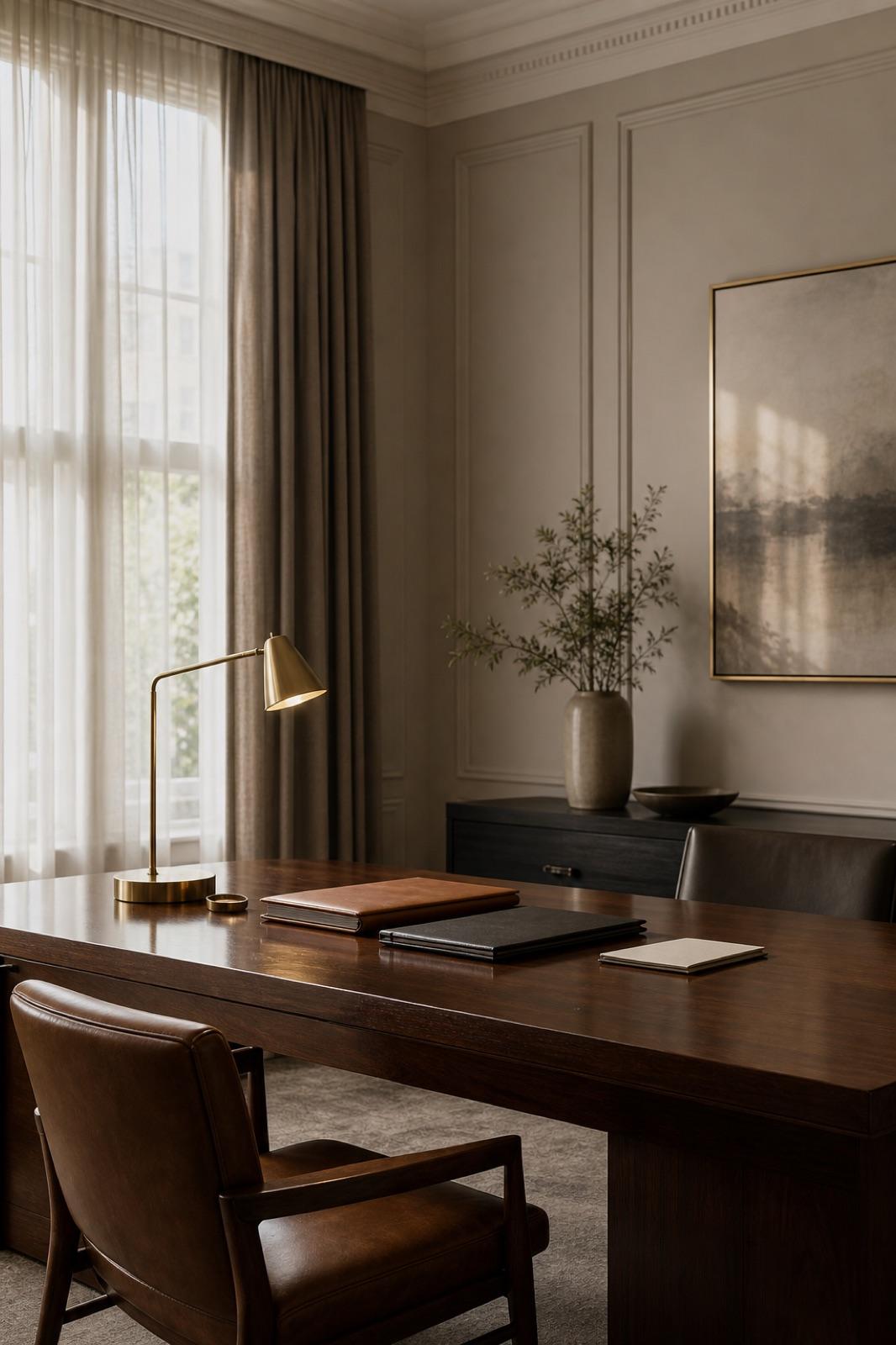 A quiet, refined consultation room with warm light, timber desk, and leather chairs.