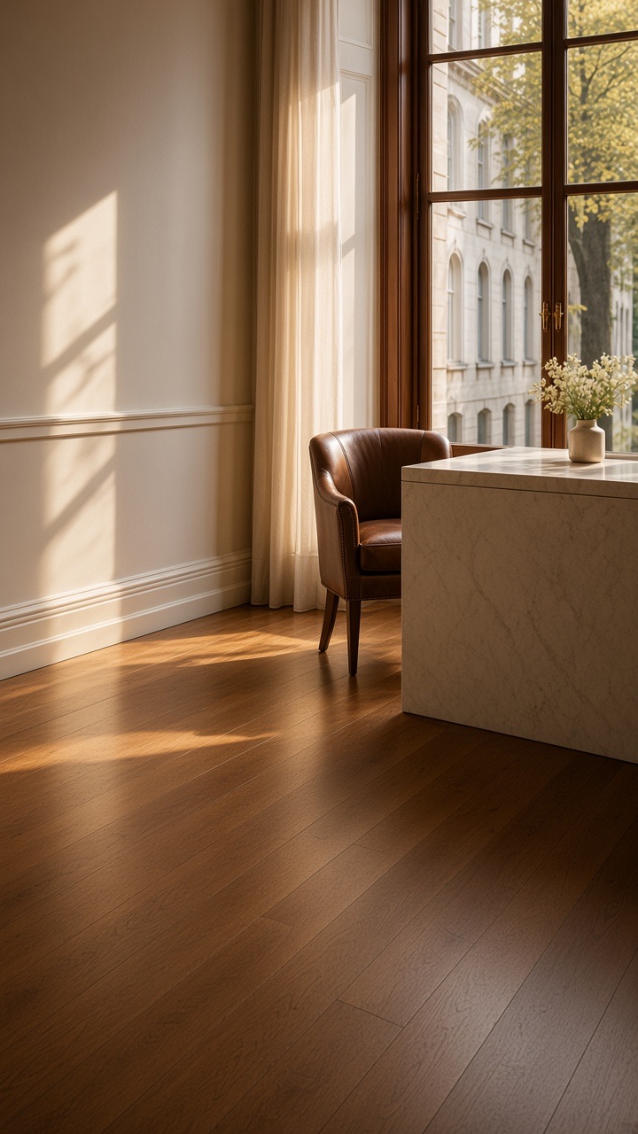 A quiet reception desk in warm afternoon light — a leather chair, a marble desk, and a tall window onto the street.