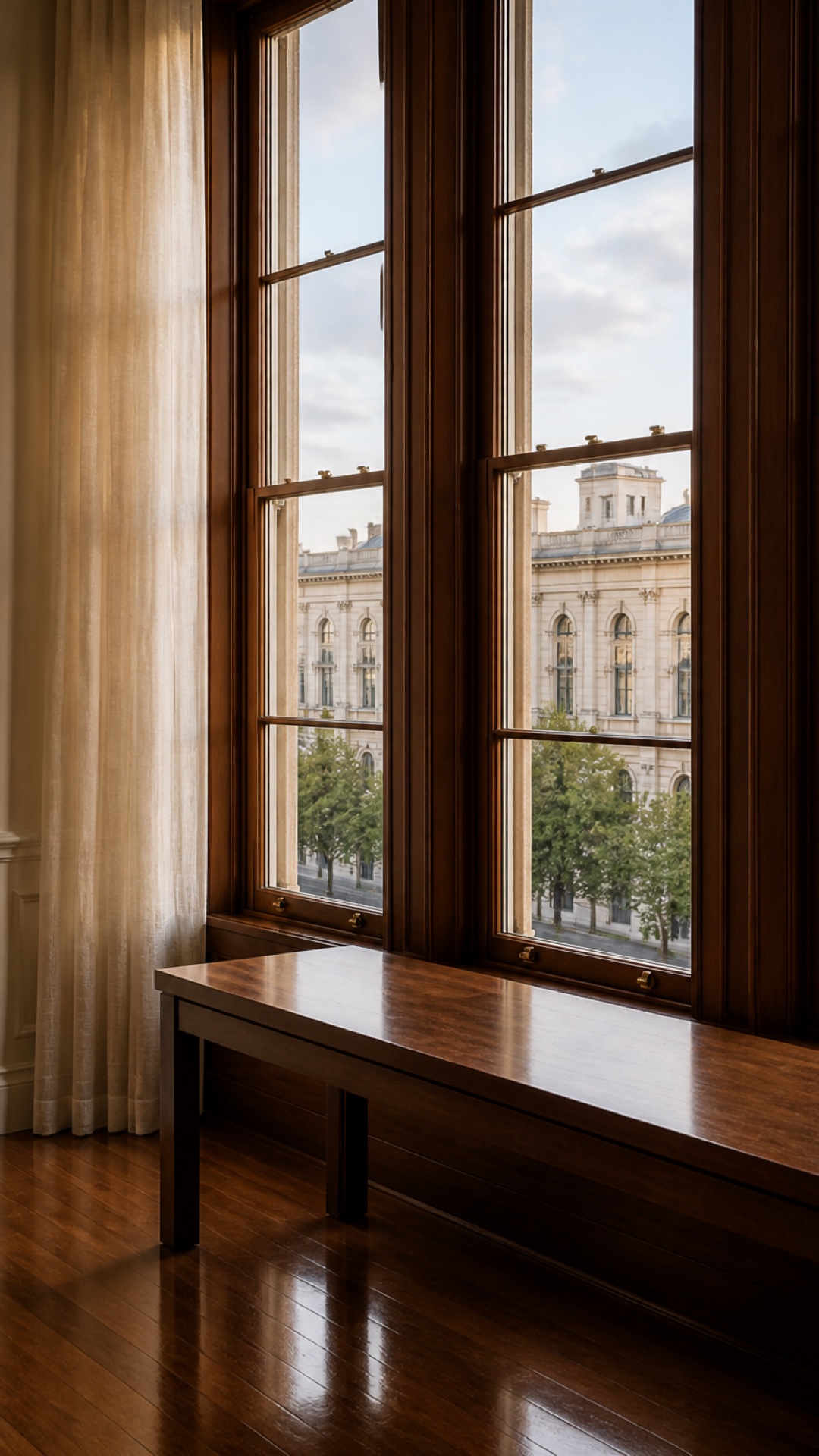 Looking out from a calm legal interior through tall windows onto a Melbourne street at the edge of day.