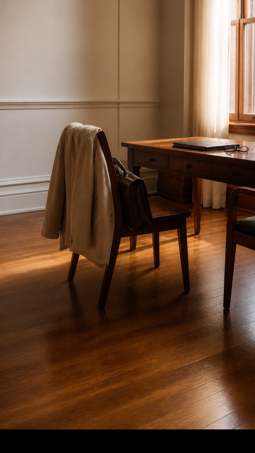 A sunlit consulting room just vacated — a pale coat over a timber chair, a closed briefcase, a visitor’s chair waiting opposite.