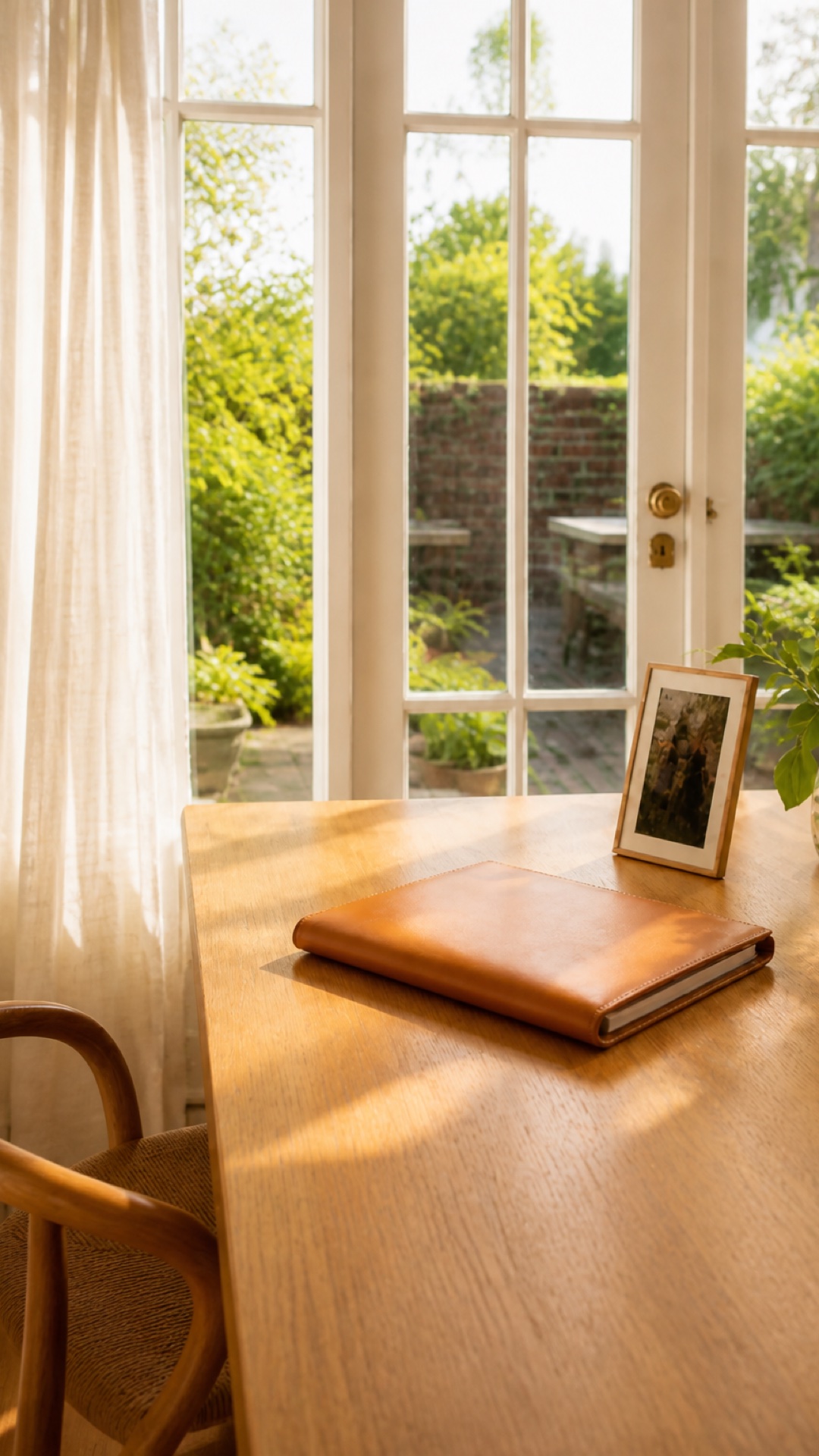 Morning light on a dining table — a closed leather document wallet, a garden visible through French doors.